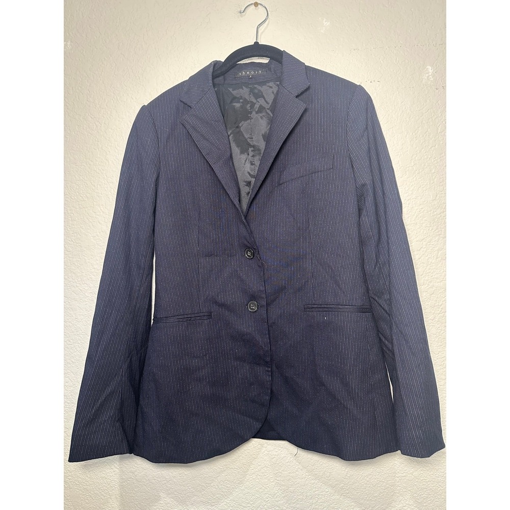 Theory Womens Navy Pinstripe Wool Blend Two Button Blazer Jacket Size 6